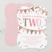 Roze en Gouden Glitter Banner Tweede Verjaardagsfe Kaart (Voorkant / Achterkant)