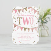 Roze en Gouden Glitter Banner Tweede Verjaardagsfe Kaart (Staand voorkant)