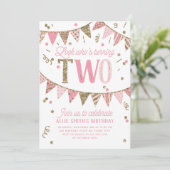 Roze en Gouden Glitter Banner Tweede Verjaardagsfe Kaart (Staand voorkant)