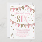 Roze en Gouden Glitter Banner Zesde Verjaardagsfee Kaart (Voorkant)