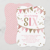 Roze en Gouden Glitter Banner Zesde Verjaardagsfee Kaart (Voorkant / Achterkant)