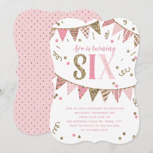 Roze en Gouden Glitter Banner Zesde Verjaardagsfee Kaart (Voorkant / Achterkant)