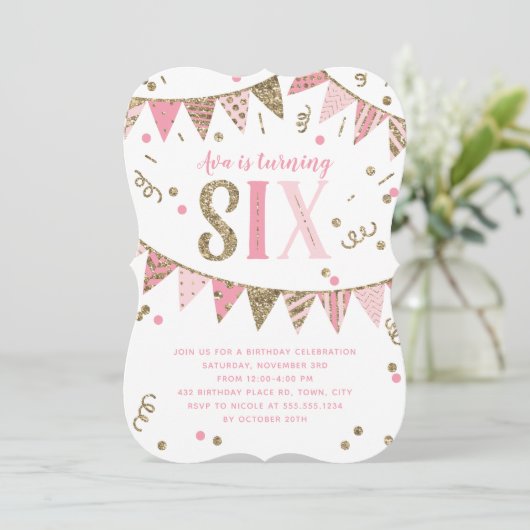 Roze en Gouden Glitter Banner Zesde Verjaardagsfee Kaart (Staand voorkant)