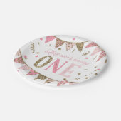 Roze en Gouden Glitter Banners Eerste Verjaardag Papieren Bordje (Gekanteld)
