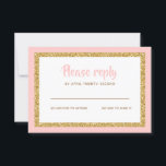 Roze en Gouden Glitter Bat Mitswa Reageer RSVP Kaartje<br><div class="desc">Deze trendy inlegkaart heeft aan de voorzijde een gedurfde belettering met een gelaagde look in goud glitter en wit,  en een effen gekleurde achtergrond. Voeg jouw tekst toe met behulp van het sjabloon formulier. Wijzig het lettertype,  de lay-out en de kleuren met de functie Aanpassen.</div>