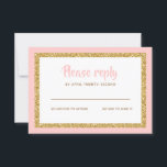 Roze en Gouden Glitter Bat Mitswa Reageer RSVP Kaartje<br><div class="desc">Deze trendy inlegkaart heeft aan de voorzijde een gedurfde belettering met een gelaagde look in goud glitter en wit,  en een effen gekleurde achtergrond. Voeg jouw tekst toe met behulp van het sjabloon formulier. Wijzig het lettertype,  de lay-out en de kleuren met de functie Aanpassen.</div>