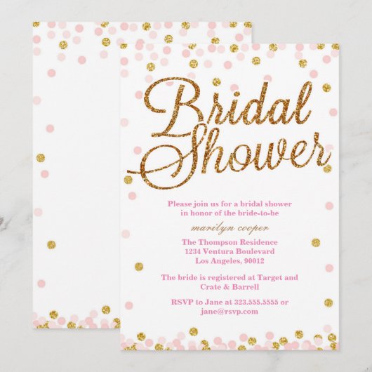 Roze en Gouden Glitter Bruids Douche Uitnodigingen (Voorkant / Achterkant)