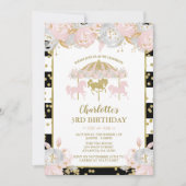 Roze en Gouden Glitter Carrousel Verjaardag Uitnod Kaart (Voorkant)