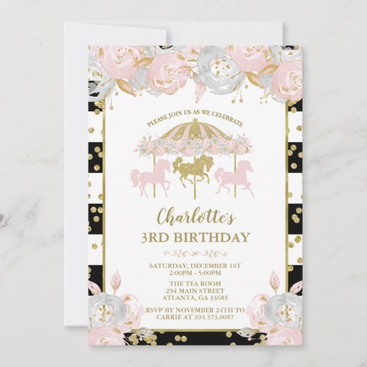 Roze en Gouden Glitter Carrousel Verjaardag Uitnod Kaart (Voorkant)