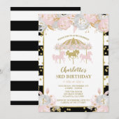 Roze en Gouden Glitter Carrousel Verjaardag Uitnod Kaart (Voorkant / Achterkant)