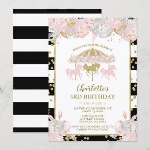 Roze en Gouden Glitter Carrousel Verjaardag Uitnod Kaart