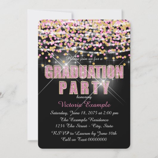 Roze en Gouden Glitter Confetti Afstudeerfeest Kaart (Voorkant)
