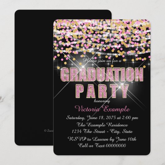 Roze en Gouden Glitter Confetti Graduation Party Kaart (Voorkant / Achterkant)