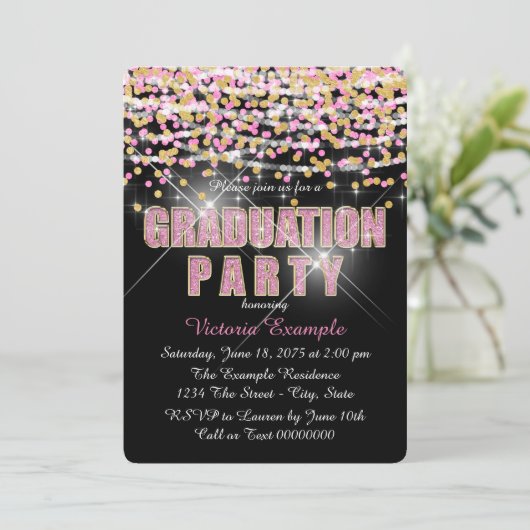 Roze en Gouden Glitter Confetti Graduation Party Kaart (Staand voorkant)