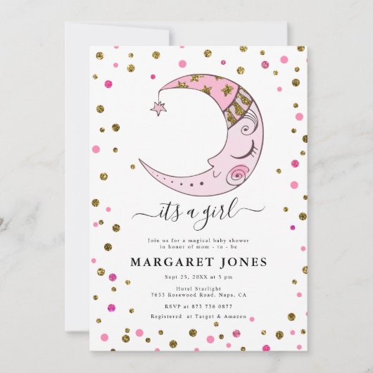 Roze en gouden Glitter Confetti Moon Baby shower Kaart (Voorkant)