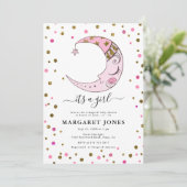 Roze en gouden Glitter Confetti Moon Baby shower Kaart (Staand voorkant)