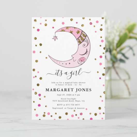 Roze en gouden Glitter Confetti Moon Baby shower Kaart (Staand voorkant)