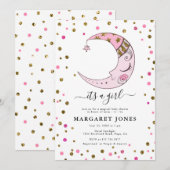 Roze en gouden Glitter Confetti Moon Baby shower Kaart (Voorkant / Achterkant)
