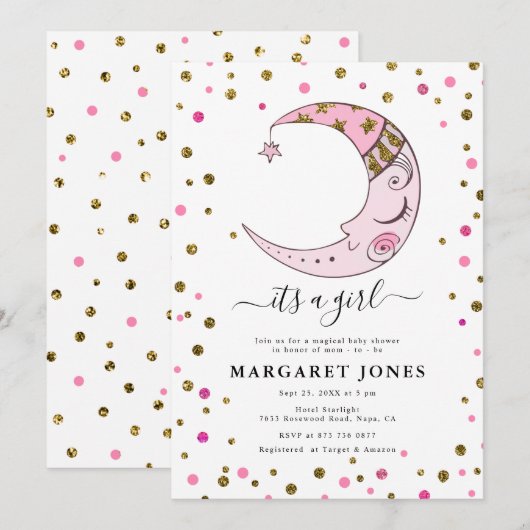 Roze en gouden Glitter Confetti Moon Baby shower Kaart (Voorkant / Achterkant)