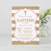 Roze en gouden glitter doop uitnodiging (Staand voorkant)