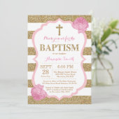 Roze en Gouden Glitter doop uitnodiging (Staand voorkant)