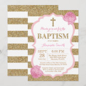 Roze en Gouden Glitter doop uitnodiging (Voorkant / Achterkant)