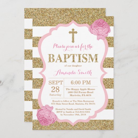 Roze en Gouden Glitter doop uitnodiging (Voorkant / Achterkant)