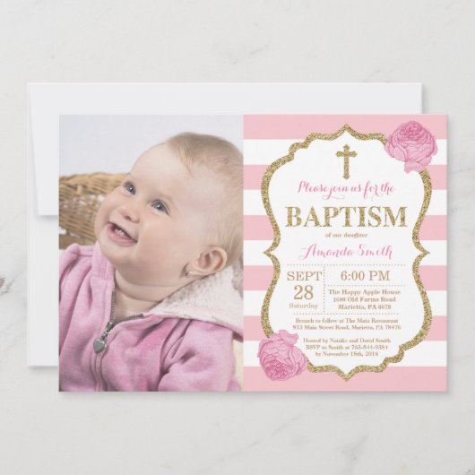 Roze en gouden glitter doop uitnodiging (Voorkant)