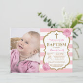 Roze en gouden glitter doop uitnodiging (Staand voorkant)