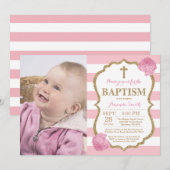 Roze en gouden glitter doop uitnodiging (Voorkant / Achterkant)