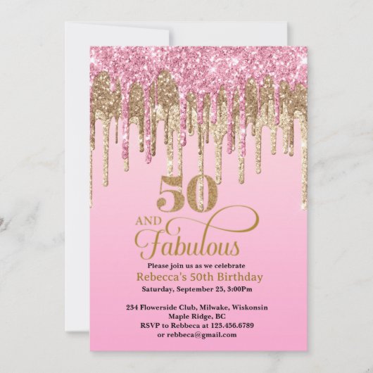 Roze en gouden glitter Drips 50ste verjaardag Kaart (Voorkant)