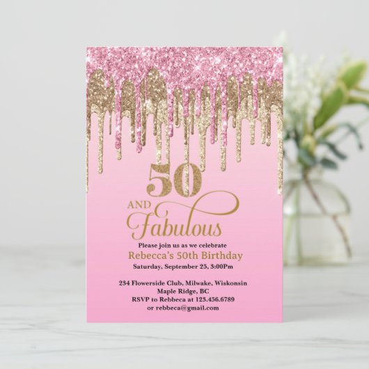 Roze en gouden glitter Drips 50ste verjaardag Kaart (Staand voorkant)