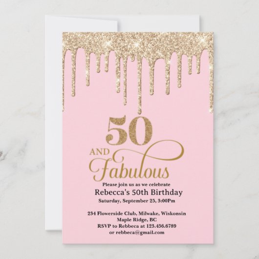 Roze en Gouden Glitter Drips 50ste verjaardag Uitn Kaart (Voorkant)