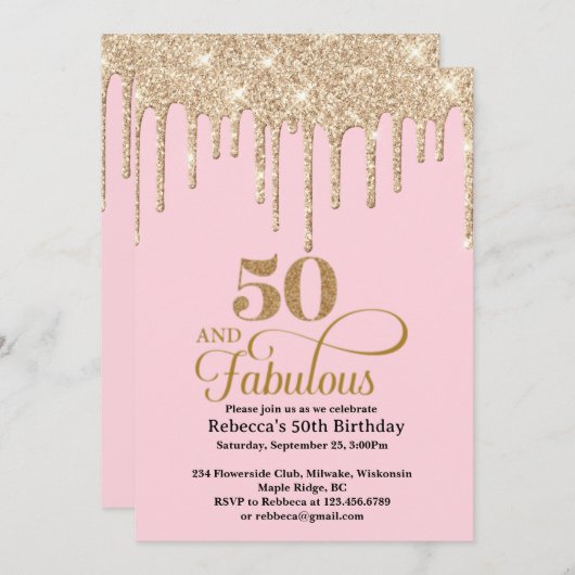 Roze en Gouden Glitter Drips 50ste verjaardag Uitn Kaart (Voorkant / Achterkant)