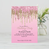Roze en Gouden Glitter Druppels Verjaardag Uitnodi Kaart (Staand voorkant)