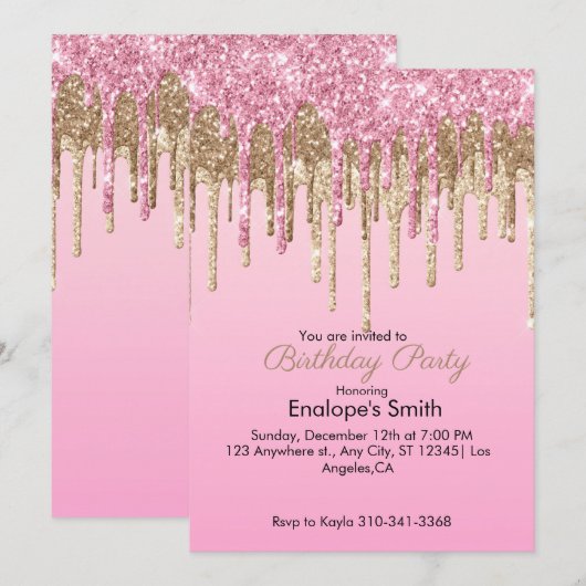Roze en Gouden Glitter Druppels Verjaardag Uitnodi Kaart (Voorkant / Achterkant)