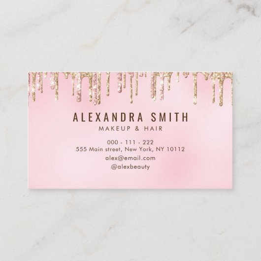 Roze en gouden glitter druppelscript make-up visitekaartje (Achterkant)