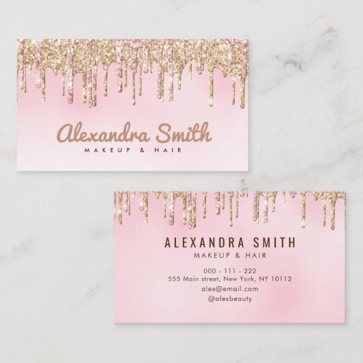 Roze en gouden glitter druppelscript make-up visitekaartje (Voorkant / Achterkant)