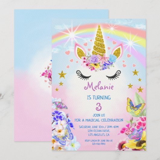 Roze en Gouden Glitter Eenhoorn Regenboog Verjaard Kaart (Voorkant / Achterkant)