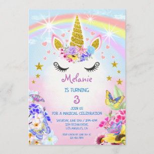 Roze en Gouden Glitter Eenhoorn Regenboog Verjaard Kaart