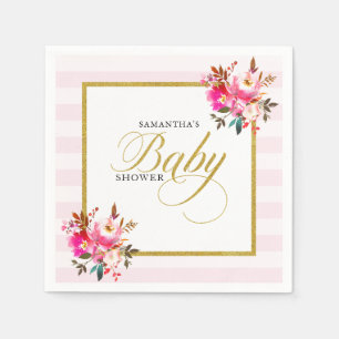 Roze en Gouden Glitter Elegant Bloemen Baby shower Servet