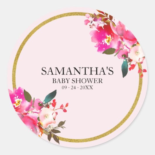 Roze en Gouden Glitter Elegante Bloemen Waterverf Ronde Sticker (Voorkant)
