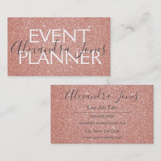 Roze en Gouden Glitter en Sparkle Event Planner Visitekaartje (Voorkant / Achterkant)