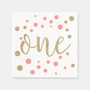 Roze en gouden glitter First Birthday Napkins Servetten