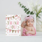 Roze en Gouden Glitter Foto Verjaardag Dank u Bedankkaart (Staand voorkant)
