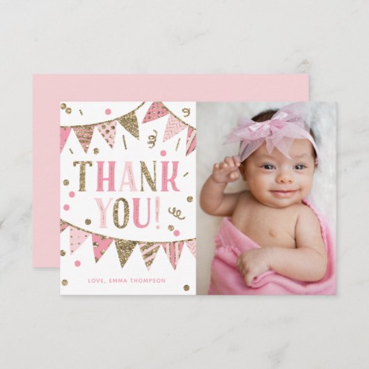Roze en Gouden Glitter Foto Verjaardag Dank u Bedankkaart (Voorkant / Achterkant)