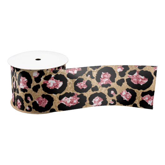 Roze en Gouden Glitter Glam Leopard Spots Patroon Satijnen Lint (Spoel)