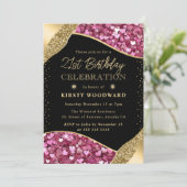 Roze en gouden glitter harten 21ste verjaardag kaart (Staand voorkant)