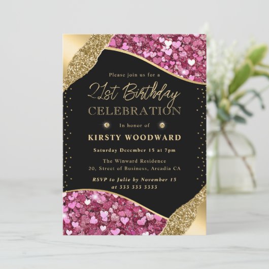 Roze en gouden glitter harten 21ste verjaardag kaart (Staand voorkant)