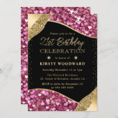 Roze en gouden glitter harten 21ste verjaardag kaart (Voorkant / Achterkant)